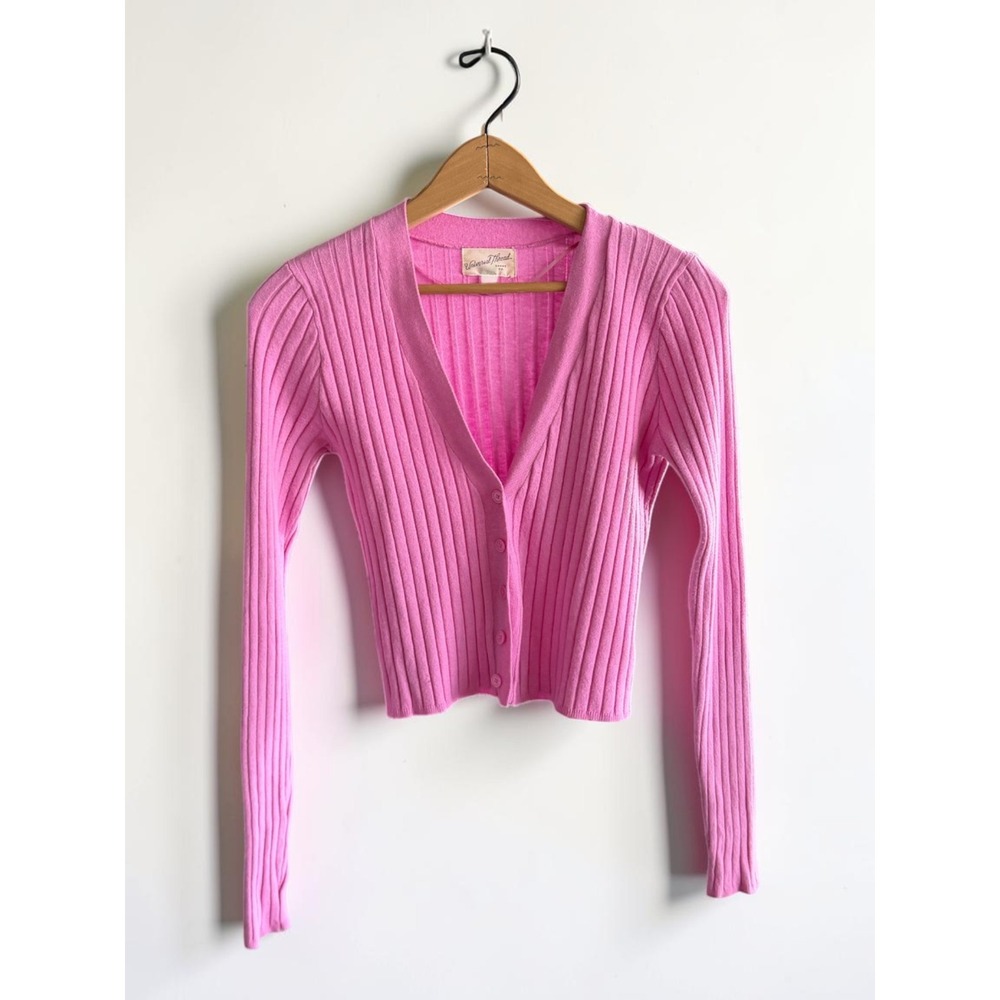 Universal Thread Pink Ribbed Cardigan Sweater Size Small Cropped Button Front